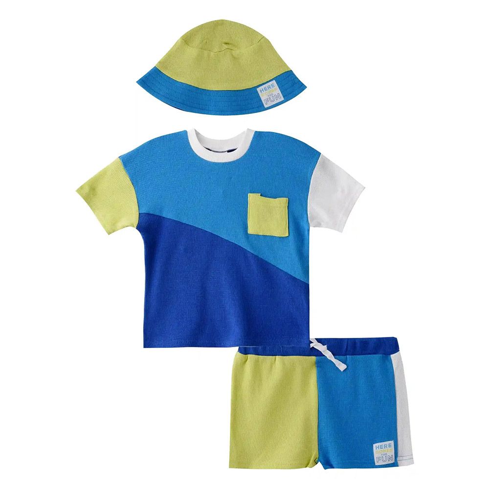 Lily & Jack - 3pc-Set - Colorblocked T-Shirt, Shorts And Hat - Blue/Green