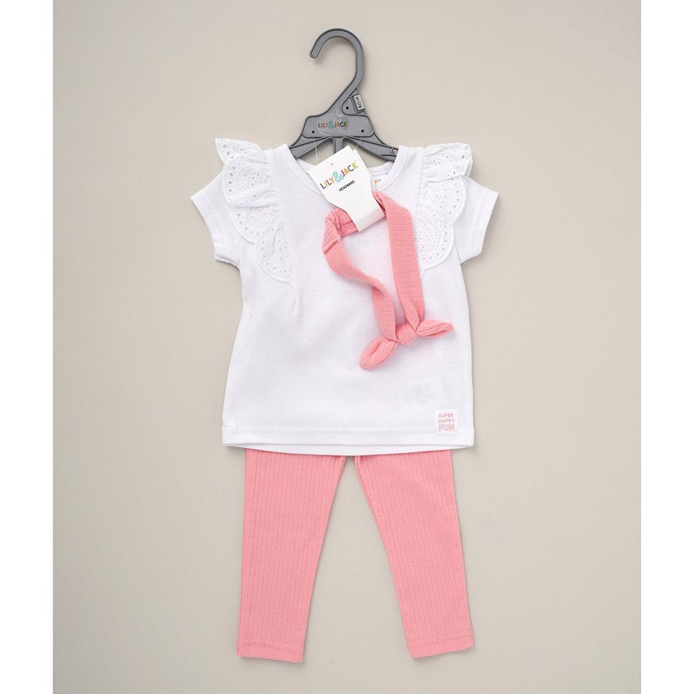 Lily & Jack - 3pc-Set - Top w/ Leggings And Headband - White/Pink