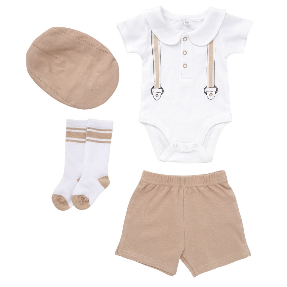 Lily & Jack - 4pc-Set - Bodysuit, Shorts, Cap w/ Socks - Beige/White