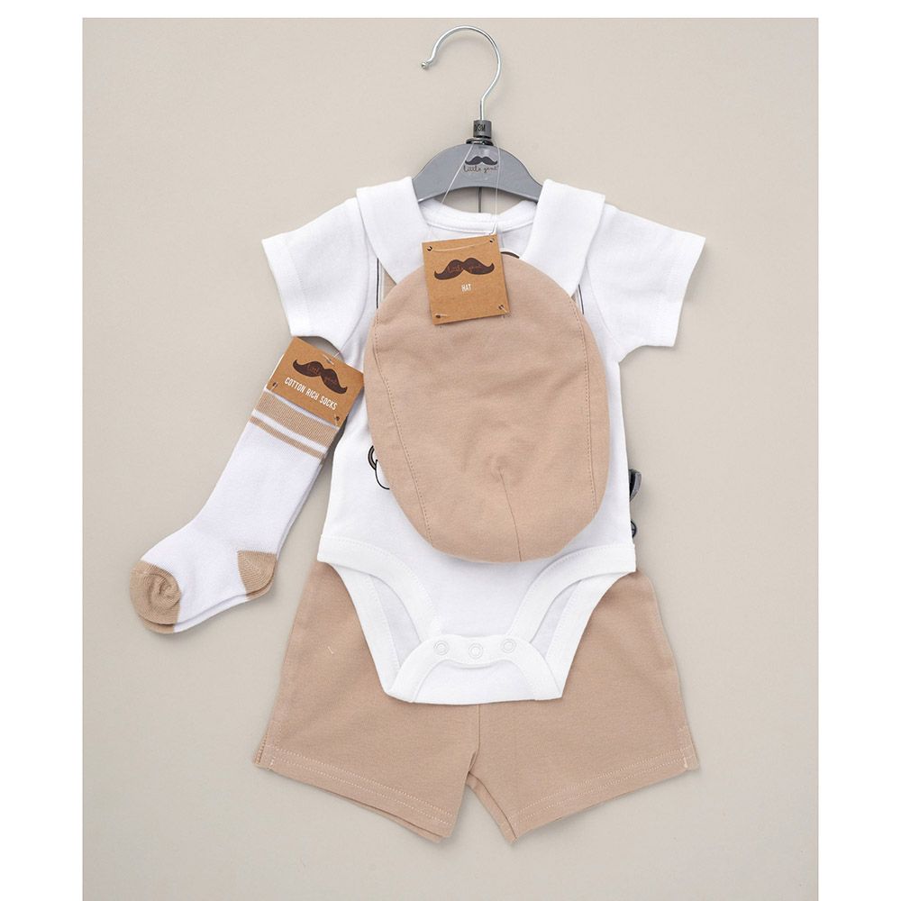 Lily & Jack - 4pc-Set - Bodysuit, Shorts, Cap w/ Socks - Beige/White