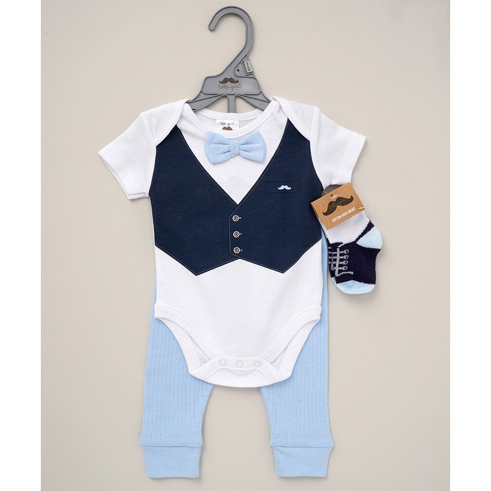 Lily & Jack - 3pc-Set - Baby Boy Bodysuit, Pants w/ Socks - Blue/White