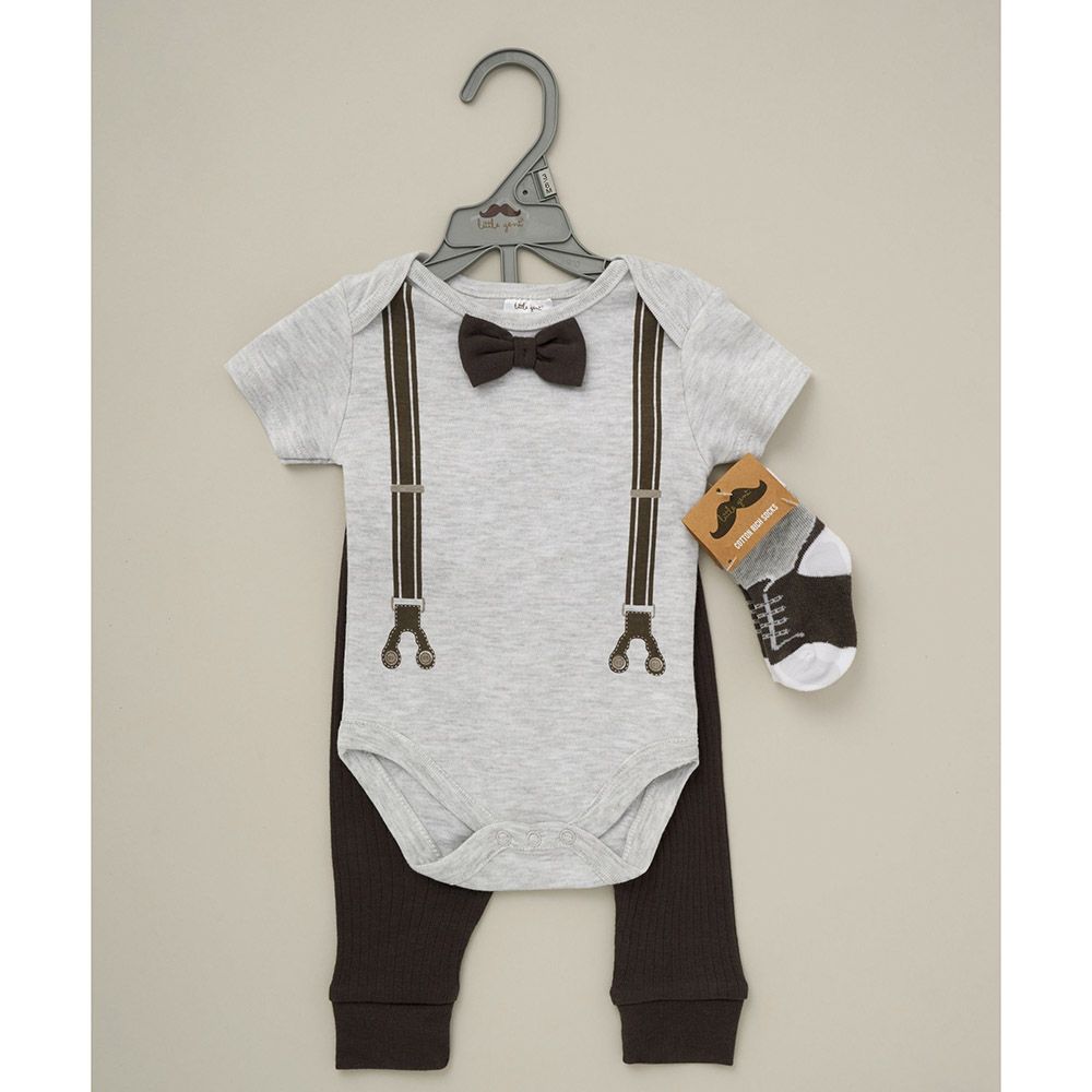 Lily & Jack - 3pc-Set - Baby Boy Bodysuit, Pants w/ Socks - Grey/Black