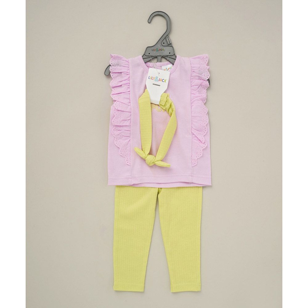 Lily & Jack - 3pc-Set - Top, Leggings And Headband - Pink/Yellow