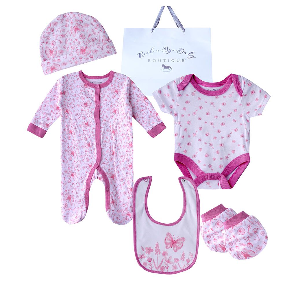 Rock A Bye Baby - 5pc-Set - Baby Girl Floral Gift Set - White/Pink