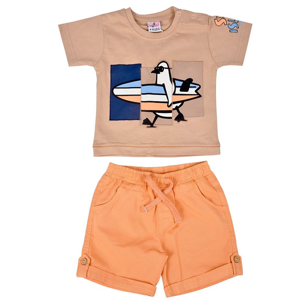 Smart Baby - 2pc-Set - Round Neck Tee w/ Bermuda Shorts - Light Brown