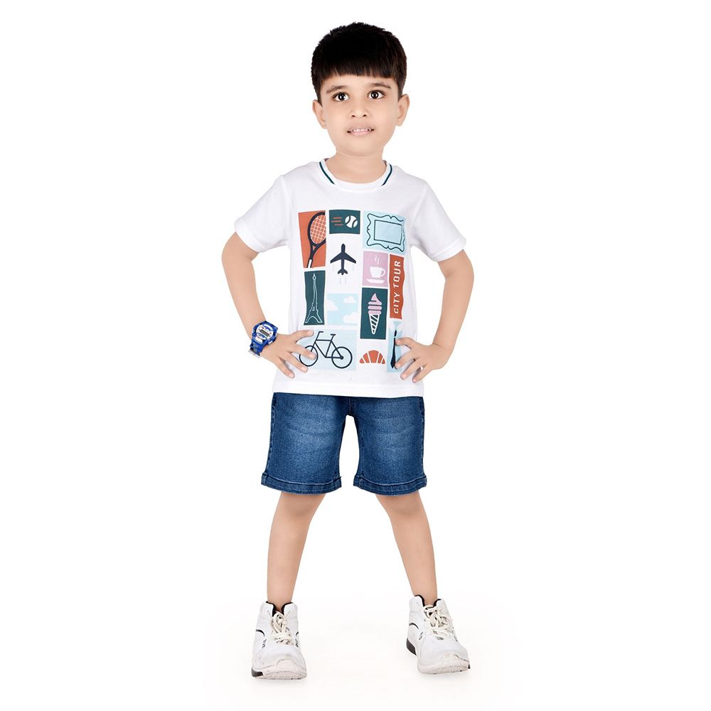 Genius - 2pc-Set - Boy's Printed Half Sleeve T-Shirt w/ Denim Bermuda Shorts