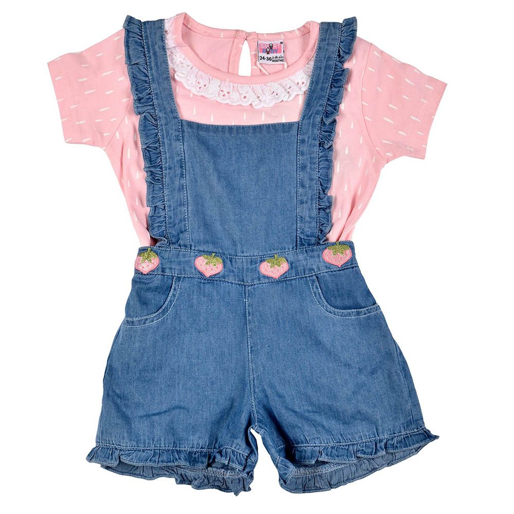 Smart Baby - 2pc-Set - Embroidered T-Shirt w/ Dungaree - Peach