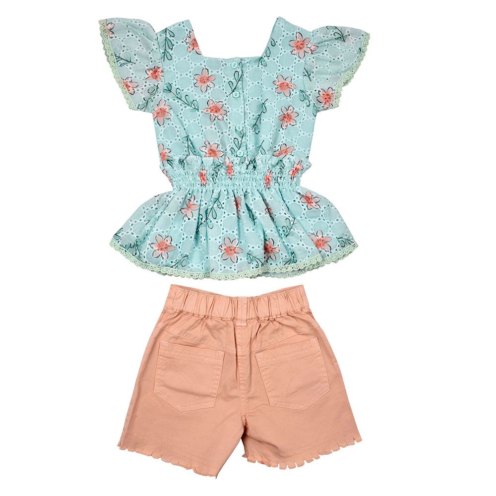 Smart Baby - 2pc-Set - Flare Sleeve Top w/ Shorts - Mint/Pink