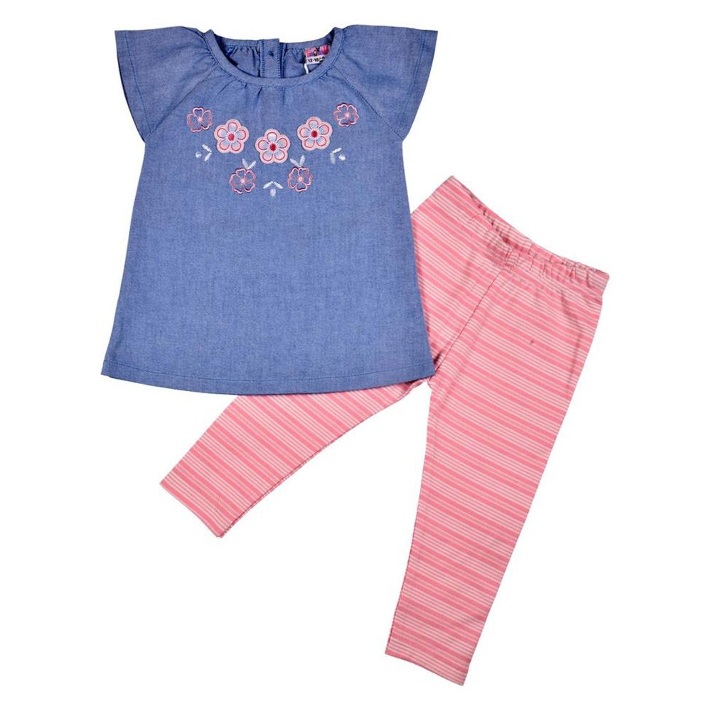 Smart Baby - 2pc-Set - Embroidered Top w/ Leggings - Denim/Peach