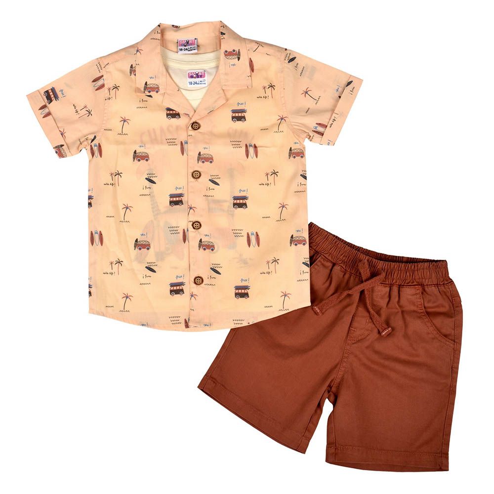 Smart Baby - 3pc-Set - Printed Shirt, Inner w/ Bermuda Shorts - Khaki