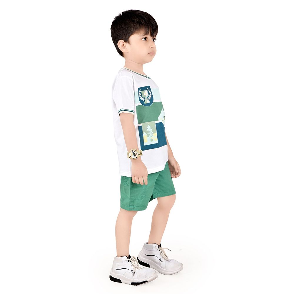 Genius - 2pc-Set - Boy's Half Sleeve T-Shirt w/ Bermuda Shorts- White/Green