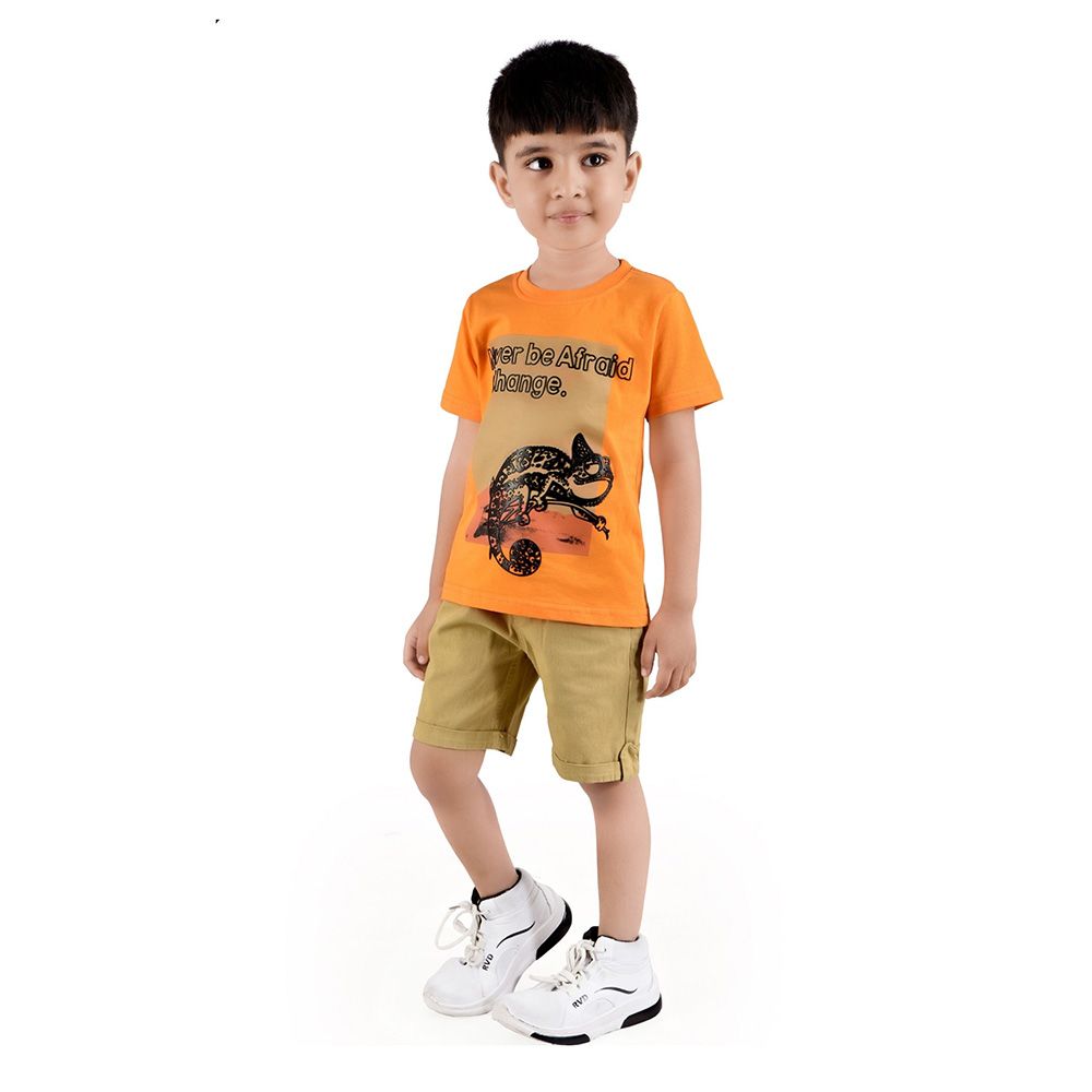 Genius - 2pc-Set - Boy's Half Sleeve T-Shirt w/ Bermuda Shorts- Orange/Brown