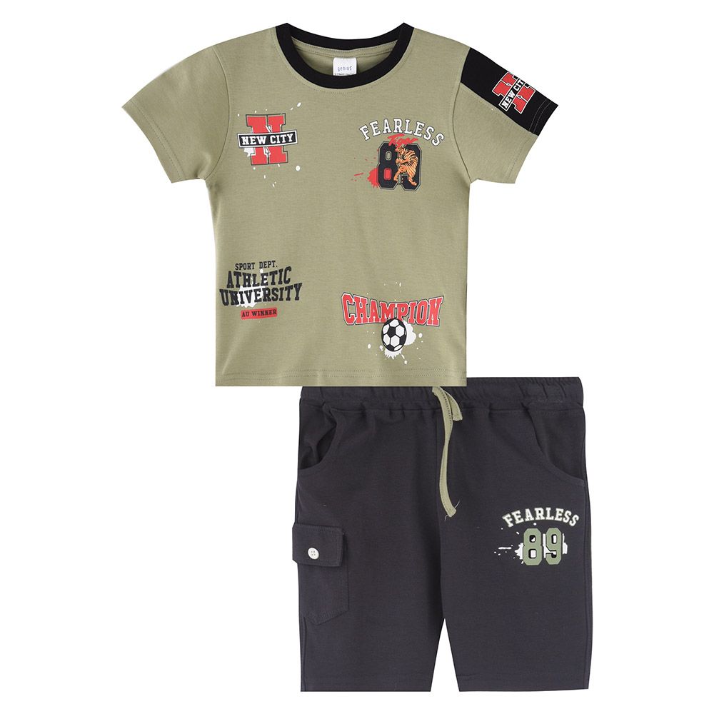 Genius - 2pc-Set - Boy's Short Sleeve T-Shirt w/ Bermuda Shorts - Moss Green/Black