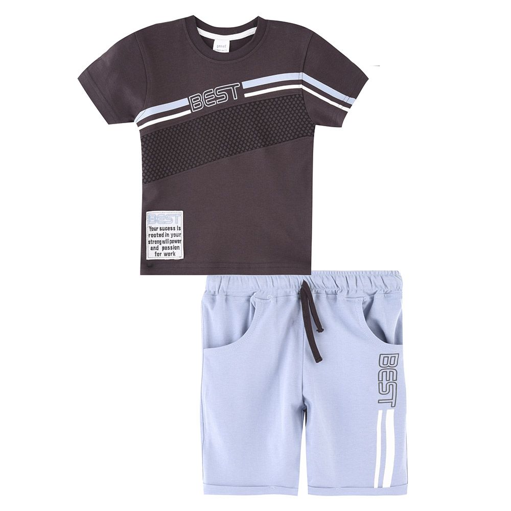 Genius - 2pc-Set - Boy's Short Sleeve T-Shirt w/ Bermuda Shorts - Charcoal/Blue