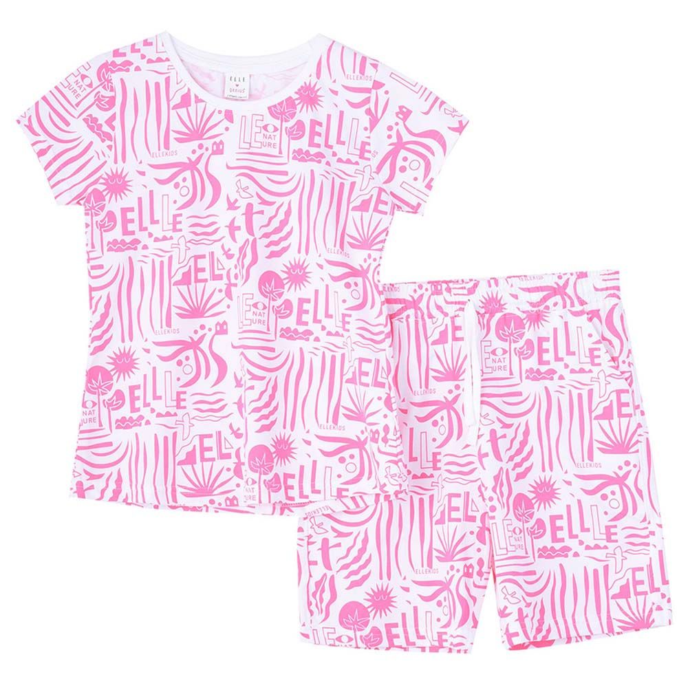 Genius - 2pc-Set - Girl Half Sleeve T-shirt With Shorts - White/Pink