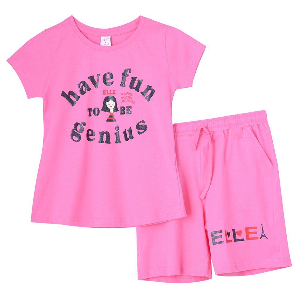 Genius - 2pc-Set - Girl Half Sleeve T-shirt With Shorts - Dark Pink