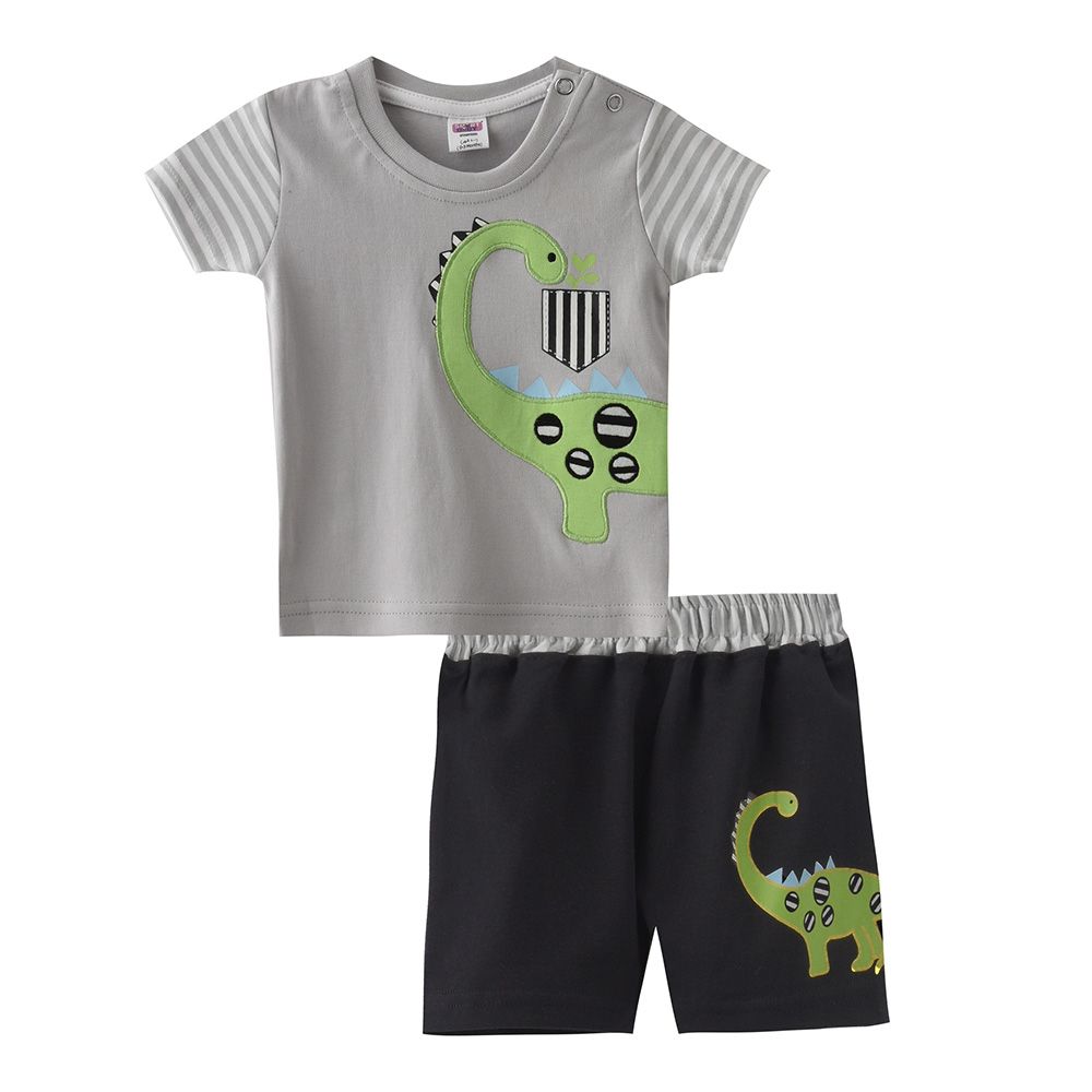 Smart Baby - 2pc-Set - Dino T-Shirt w/ Bermuda Shorts - Pastel Grey