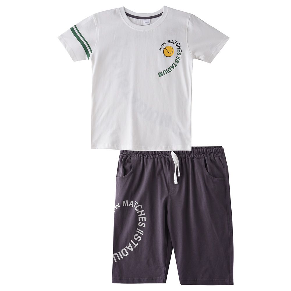 Genius - 2pc-Set - Boy Printed Half Sleeve T-shirt With Bermuda - Off White/Grey