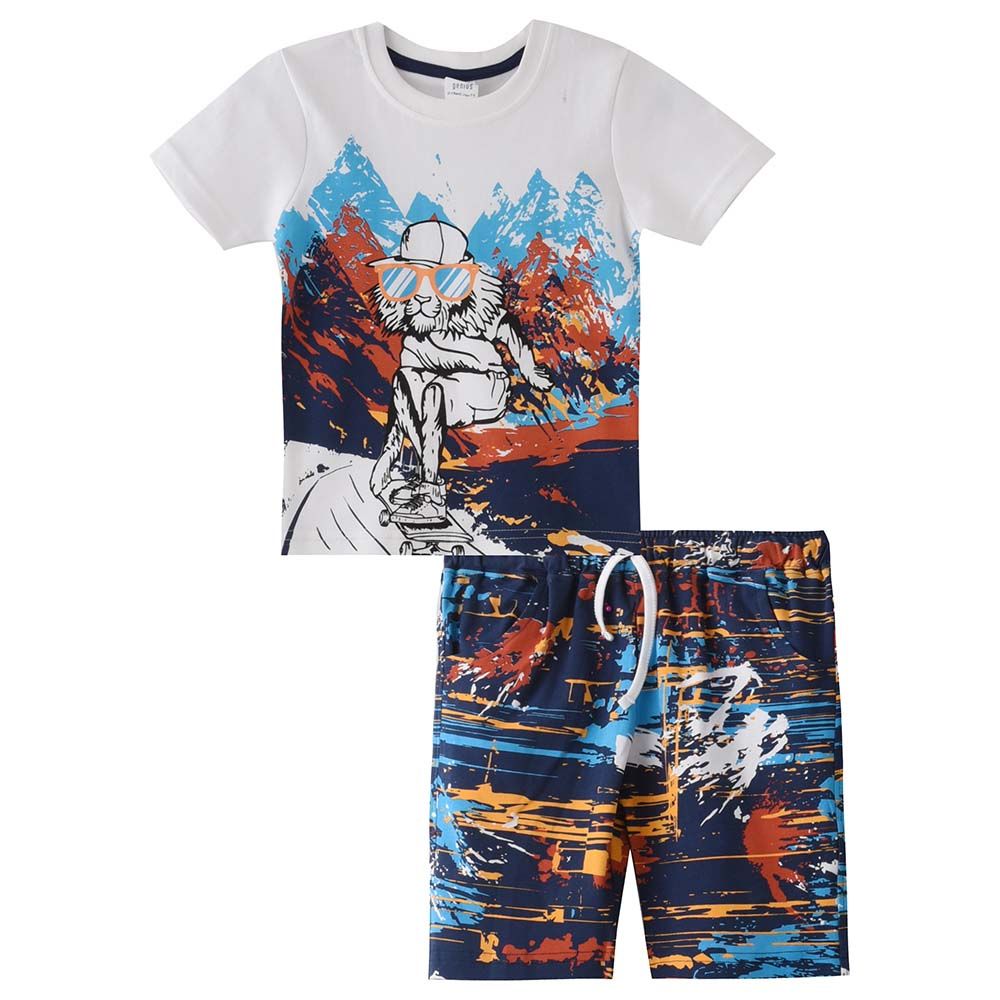 Genius - 2pc-Set - Boy Half Sleeve Graffiti T-shirt With Bermuda - White