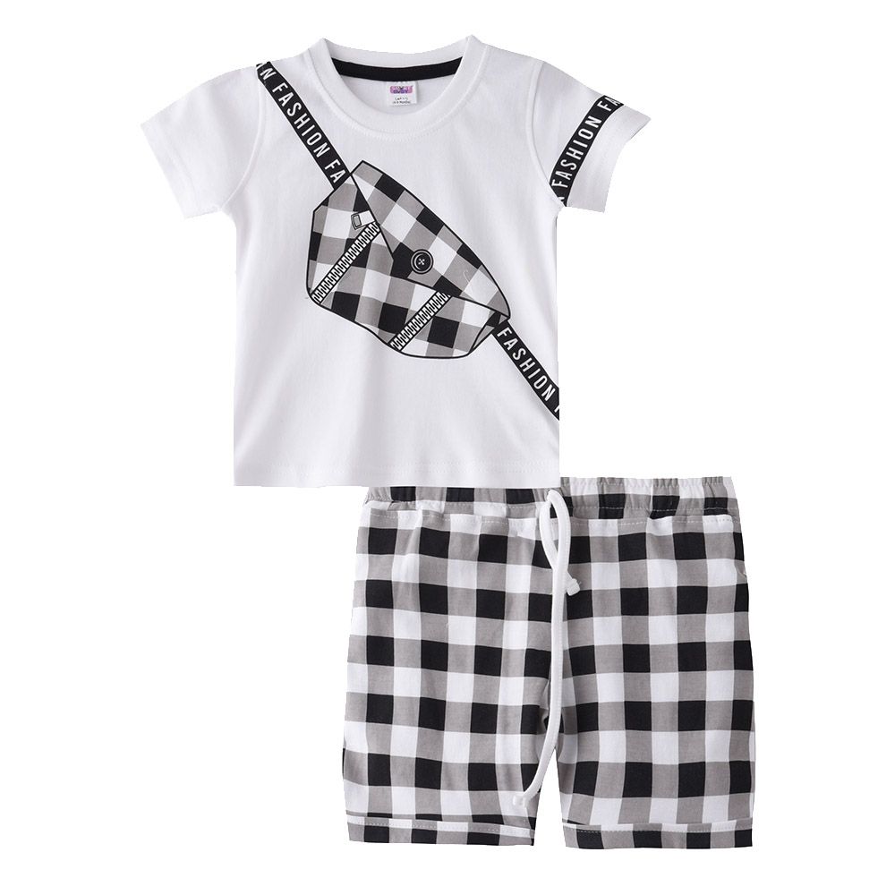 Smart Baby - 2pc-Set - Baby Boy T-shirt And Checks Bermuda - White/Black