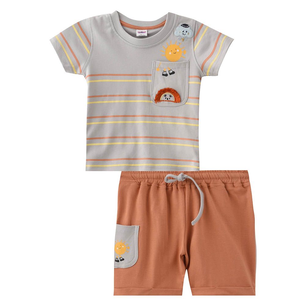 Smart Baby - 2pc-Set - Striped T-Shirt w/ Bermuda Shorts - Light Grey