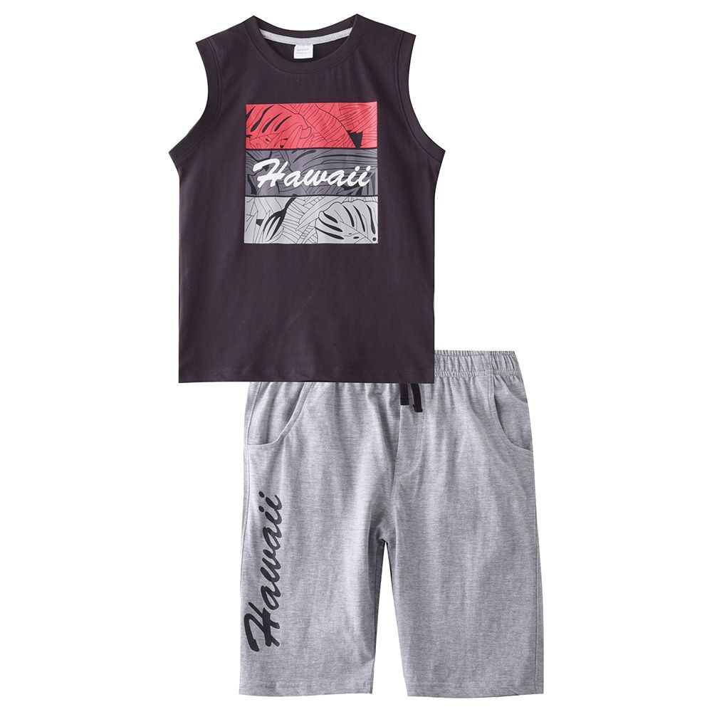 Genius - 2pc-Set - Boy Printed Sleeveless T-shirt With Bermuda - Black/Grey