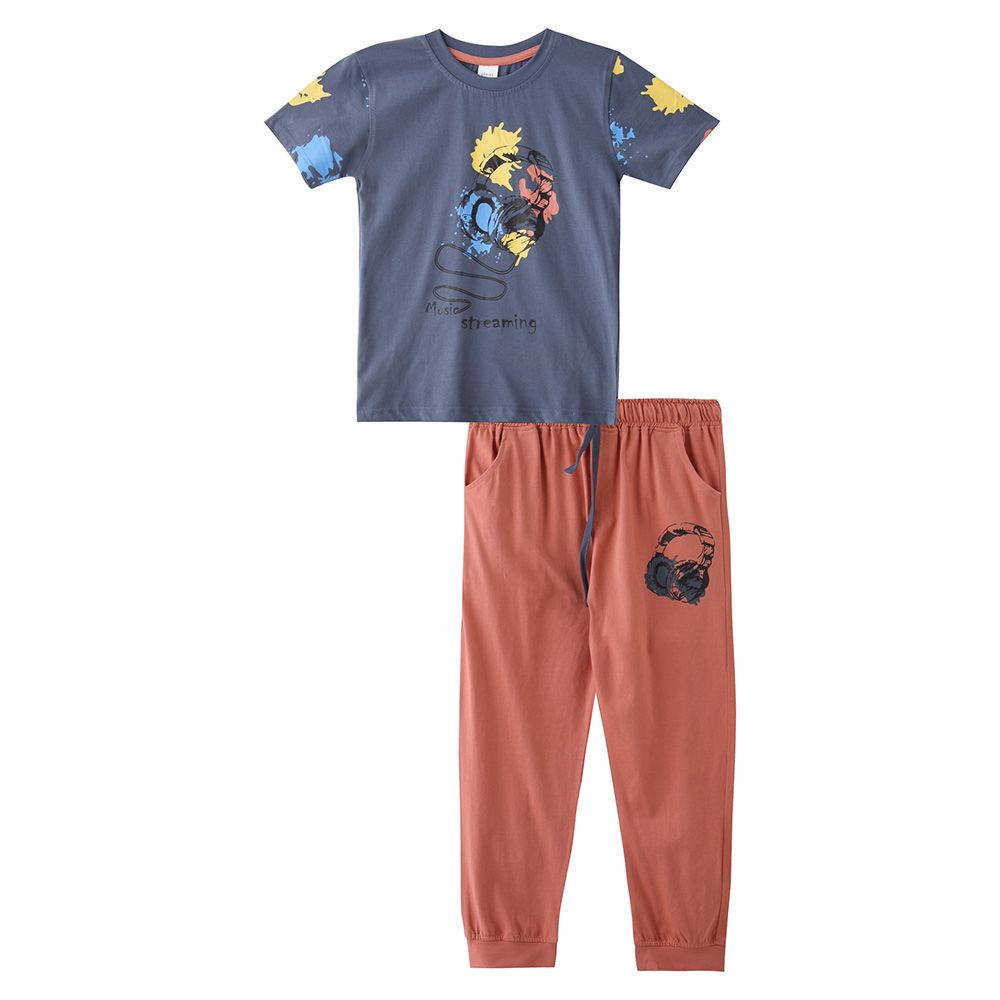 Genius - 2pc-Set - Boy's Half Sleeve T-Shirt w/ Pants - Mid Grey/Pink