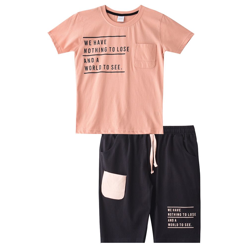 Genius - 2pc-Set - Boy Half Sleeve T-shirt With Bermuda - Peach/Black