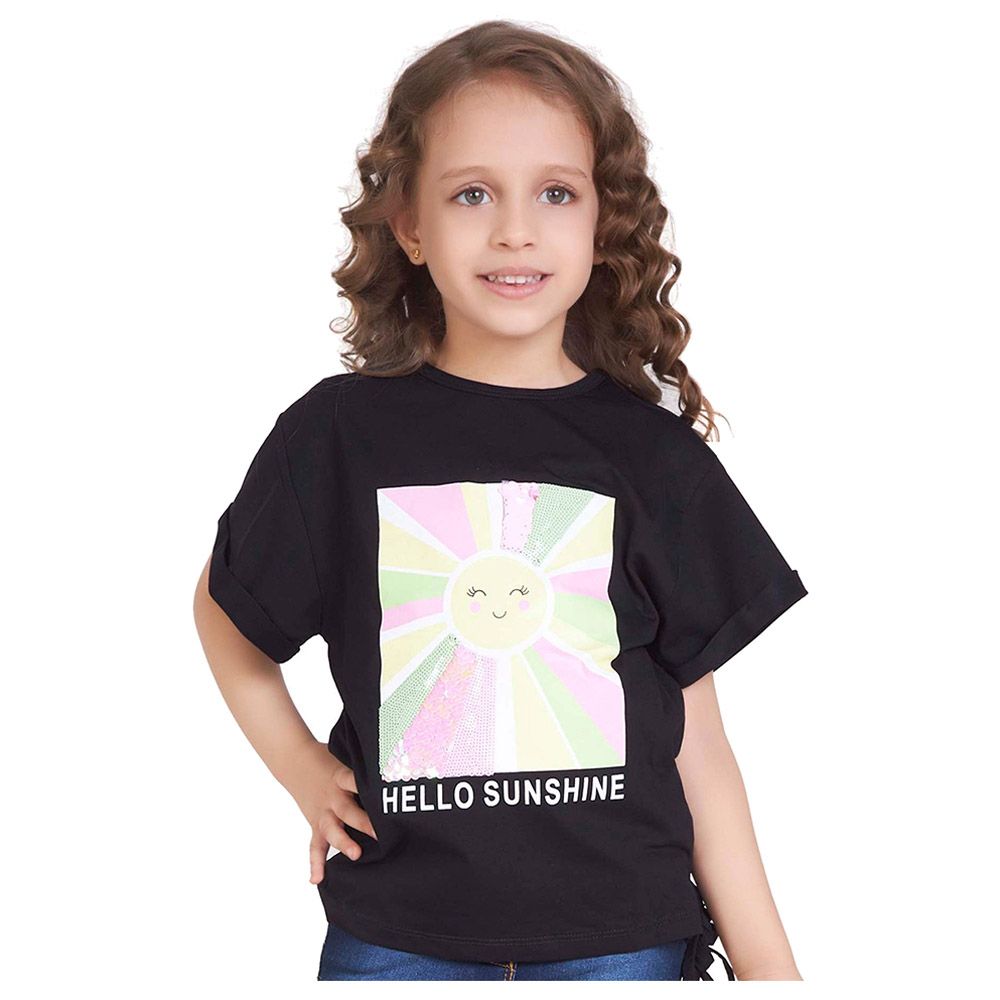 Little Kangaroos - Girl Half Sleeve Hello Sunshine T-Shirt - Black