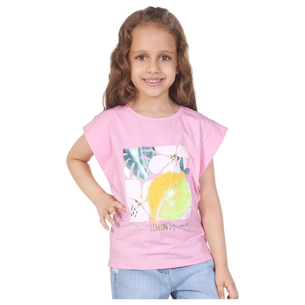 Little Kangaroos - Girl Round Neck Sleeveless Lemon Print T-Shirt - Pink