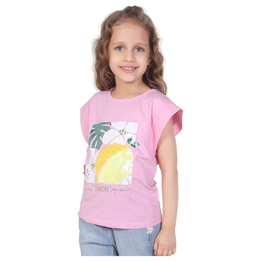 Little Kangaroos - Girl Round Neck Sleeveless Lemon Print T-Shirt - Pink