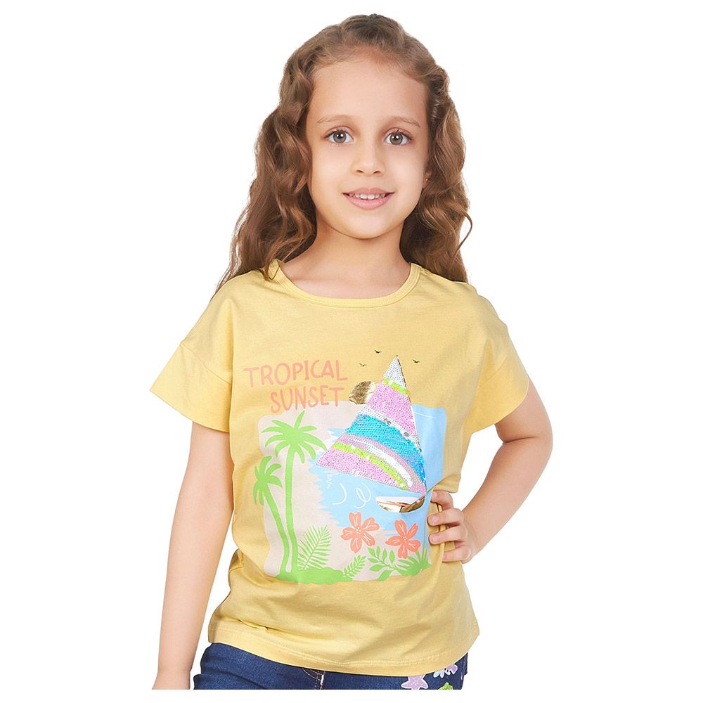 Little Kangaroos - Girl Half Sleeve Tropical Sunset T-Shirt - Yellow