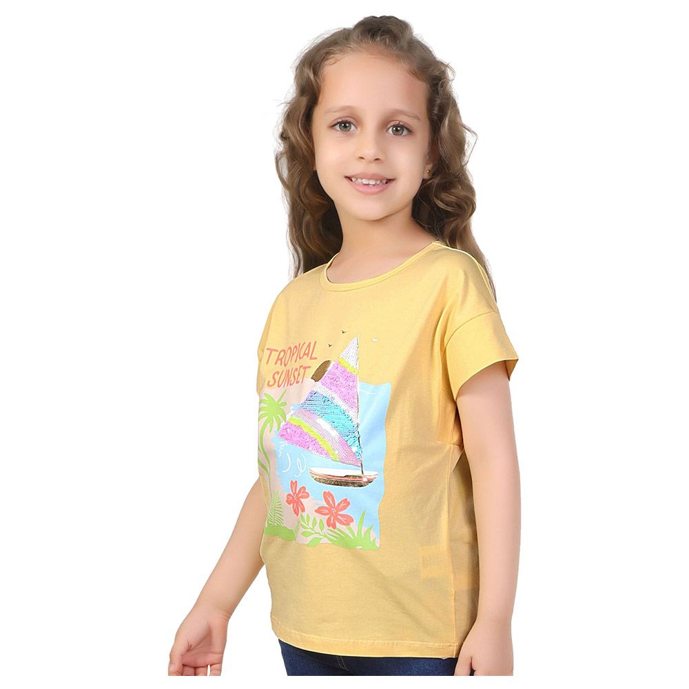 Little Kangaroos - Girl Half Sleeve Tropical Sunset T-Shirt - Yellow