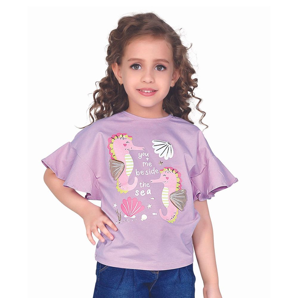 Little Kangaroos - Girl Round Neck Seahorse Printed T-Shirt - Purple