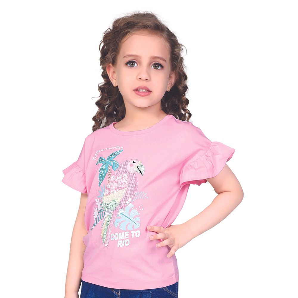 Little Kangaroos - Girl Round Neck Bird Print T-Shirt - Baby Pink