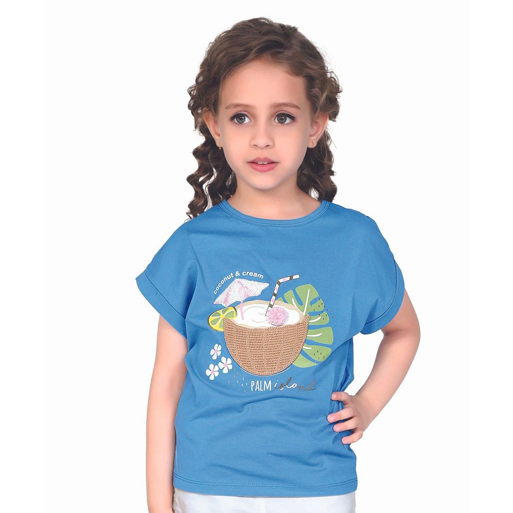 Little Kangaroos - Girl Round Neck Coconut Printed T-Shirt - Royal Blue