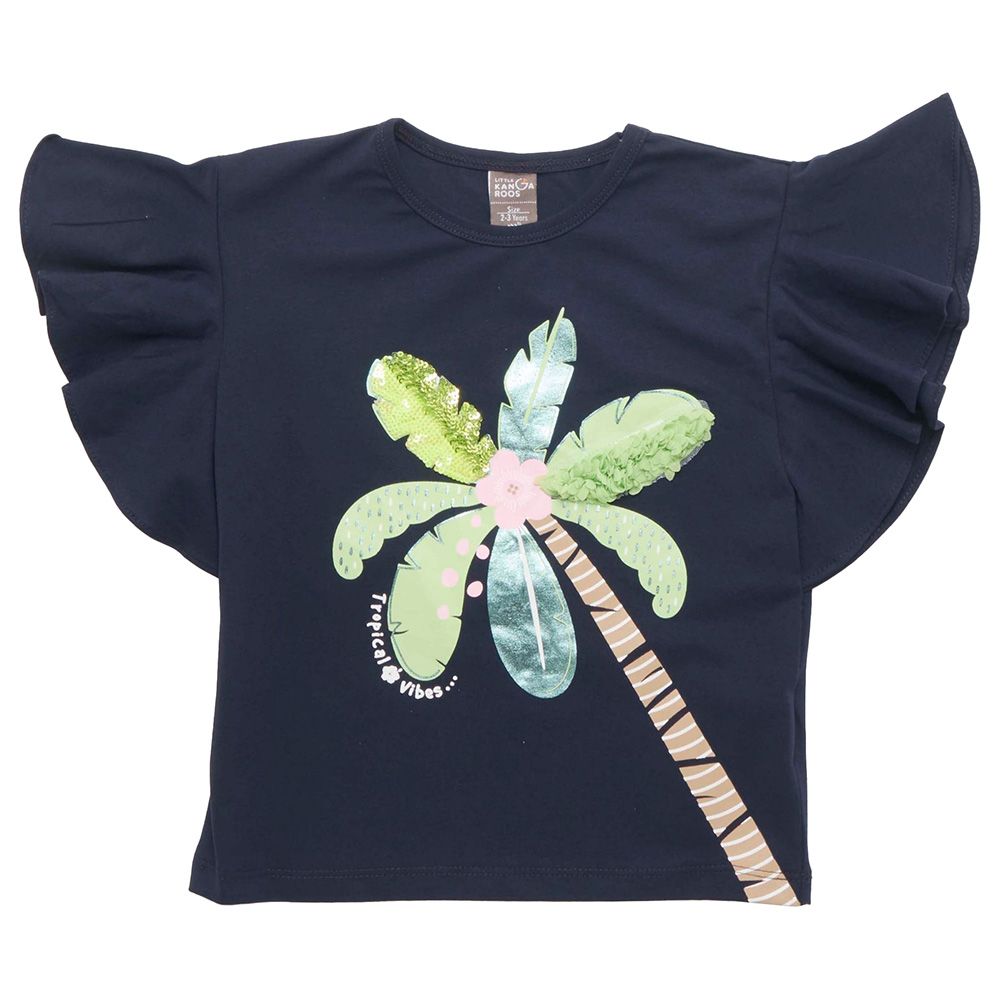 Little Kangaroos - Girl Flare Sleeve Tropical Vibes T-Shirt - Navy