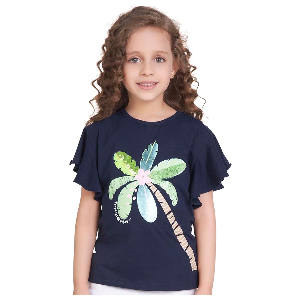 Little Kangaroos - Girl Flare Sleeve Tropical Vibes T-Shirt - Navy