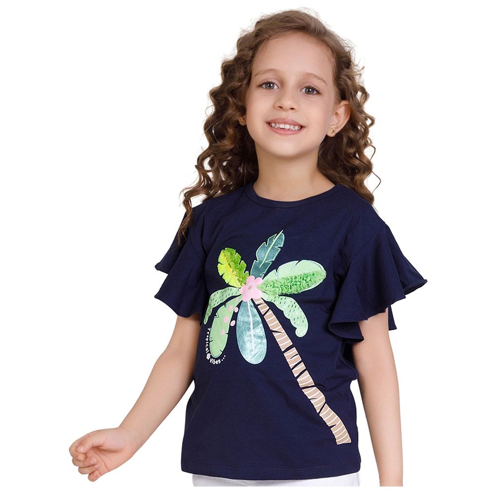 Little Kangaroos - Girl Flare Sleeve Tropical Vibes T-Shirt - Navy