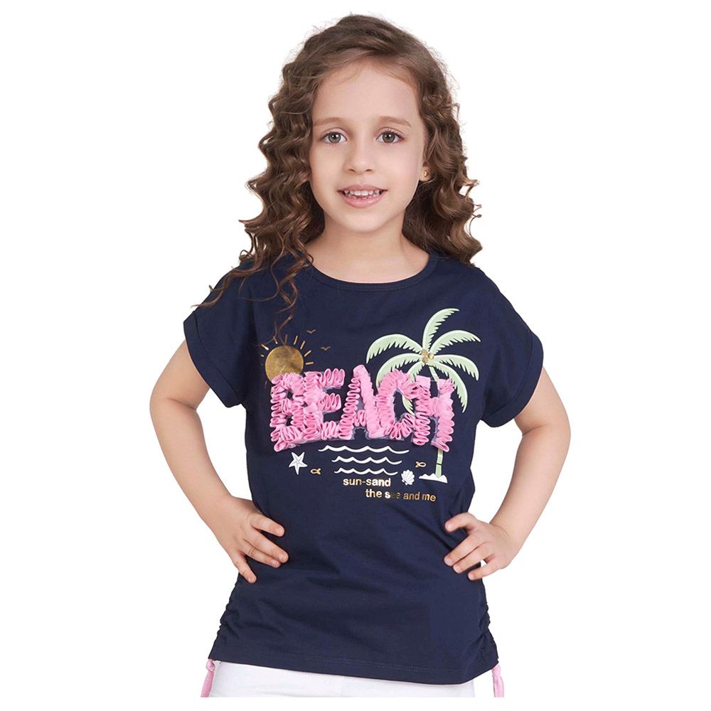 Little Kangaroos - Girl Round Neck Half Sleeve Beach T-Shirt - Navy