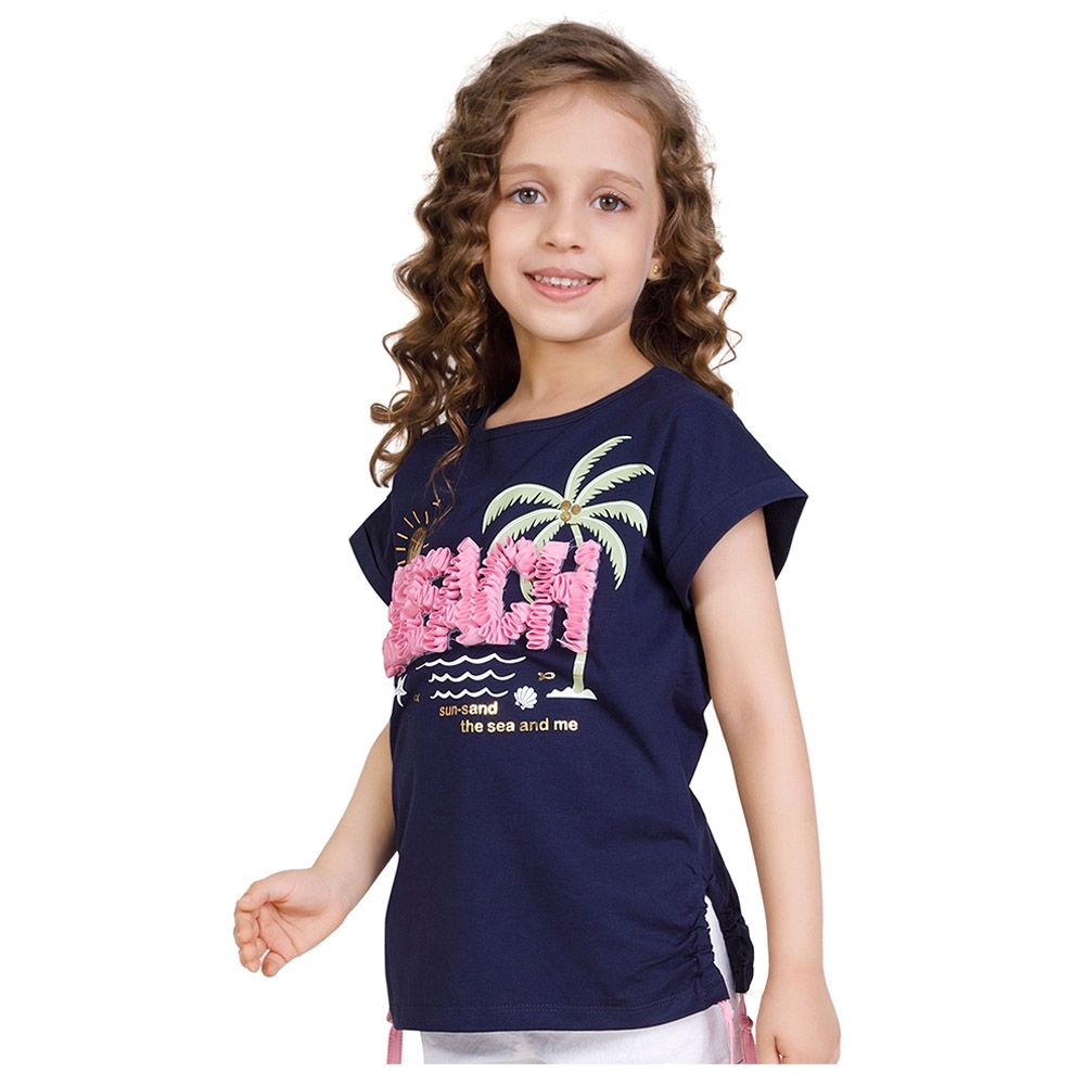 Little Kangaroos - Girl Round Neck Half Sleeve Beach T-Shirt - Navy