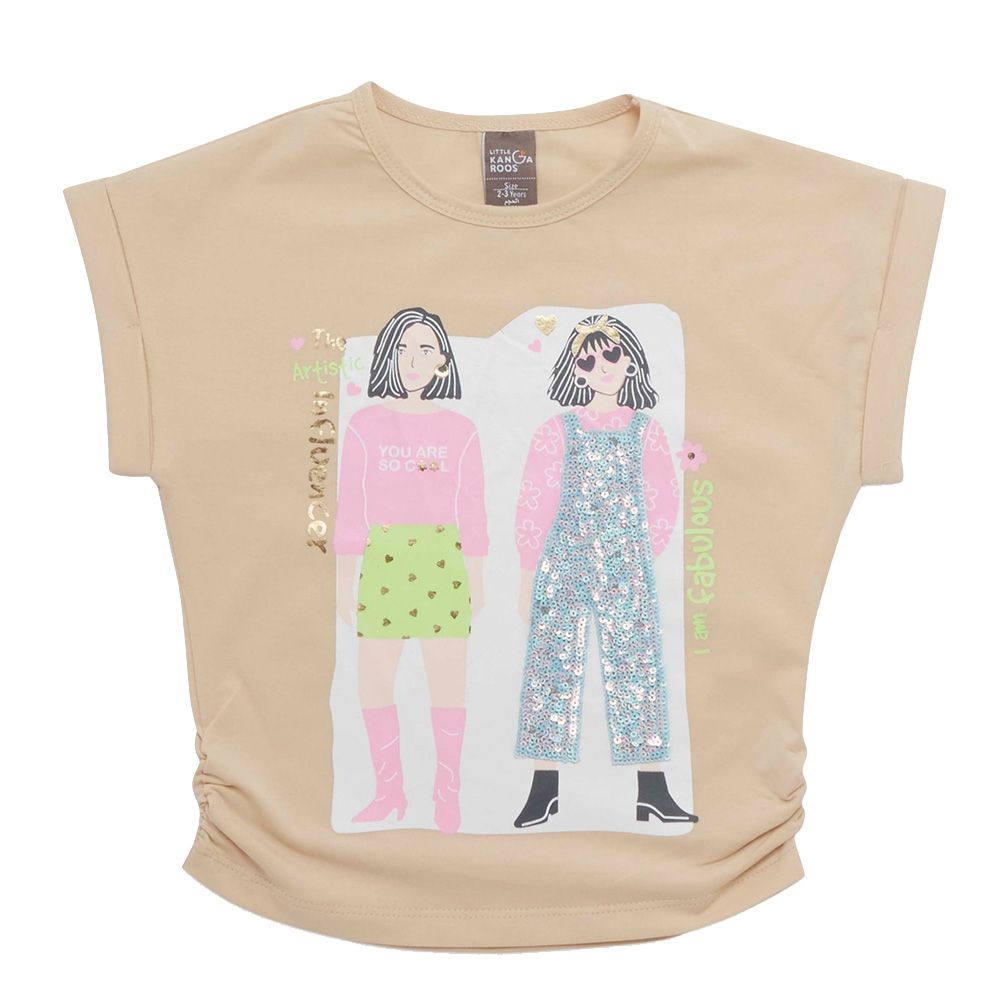 Little Kangaroos - Girl Round Neck Printed T-Shirt - Fawn