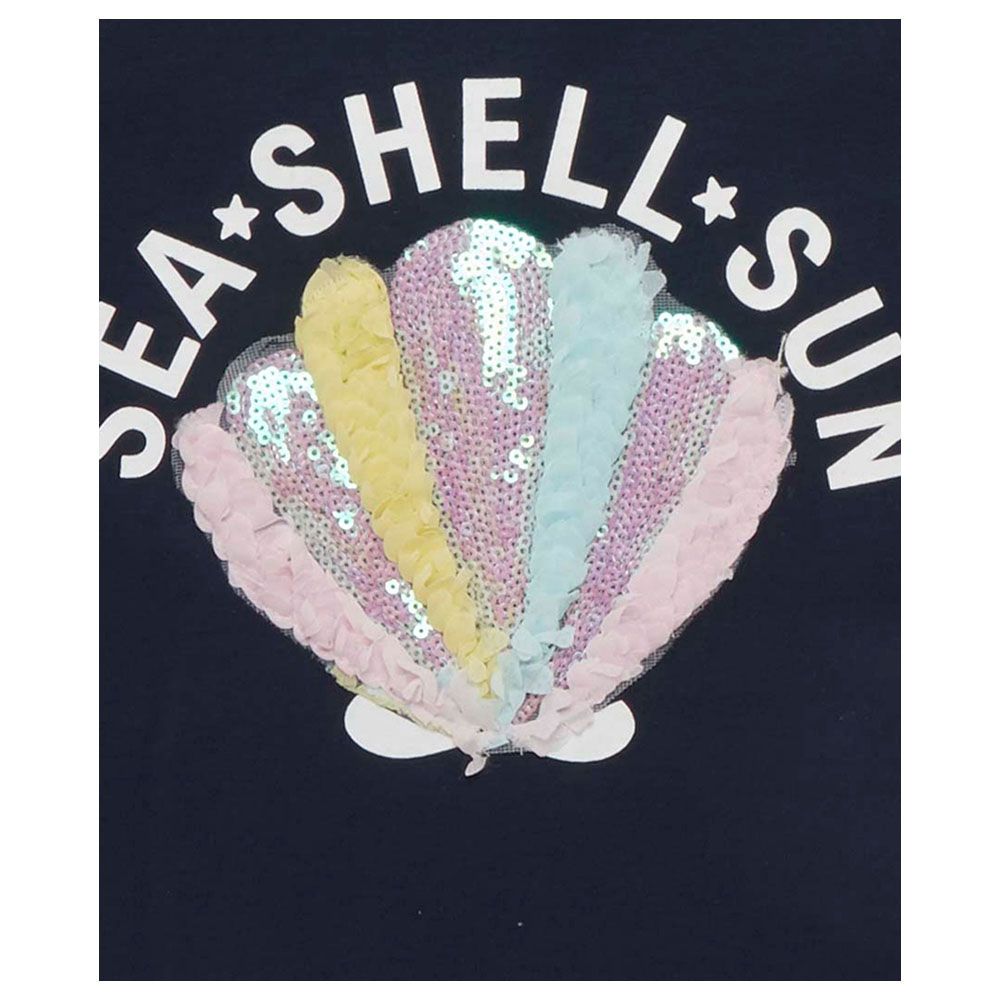 Little Kangaroos - Girl Round Neck Seashell T-Shirt - Navy