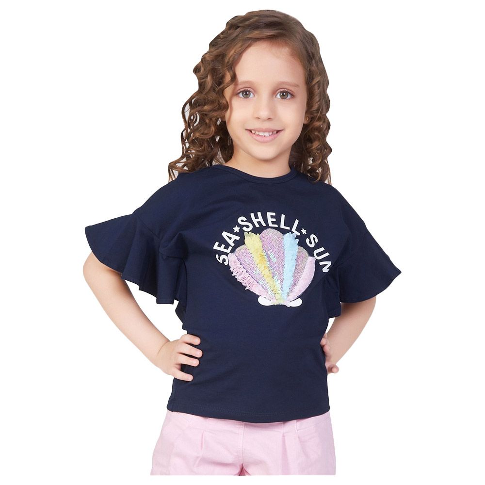 Little Kangaroos - Girl Round Neck Seashell T-Shirt - Navy