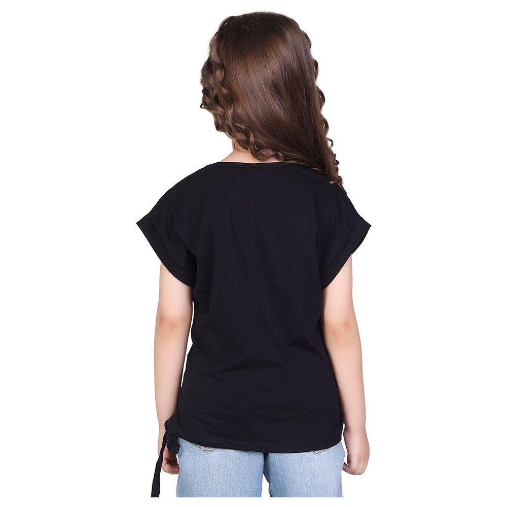 Little Kangaroos - Girl Round Neck Fold Sleeve T-Shirt - Black