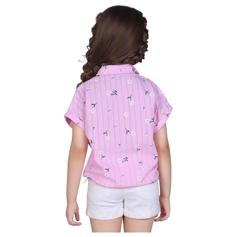 Little Kangaroos - Girl Collar Neck Fold Sleeve Printed Blouse - Pink