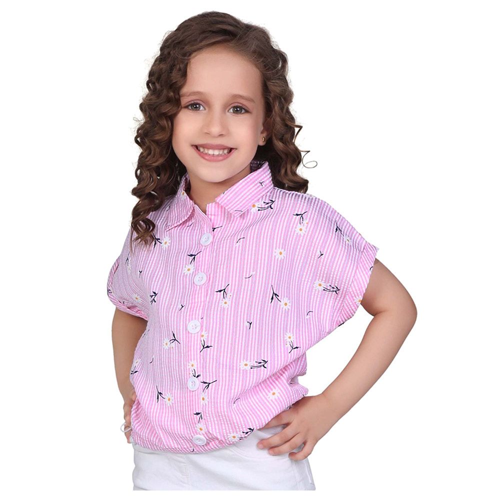 Little Kangaroos - Girl Collar Neck Fold Sleeve Printed Blouse - Pink