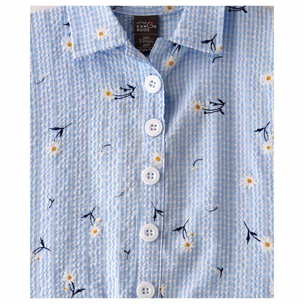 Little Kangaroos - Girl Collar Neck Fold Sleeve Printed Blouse - Blue