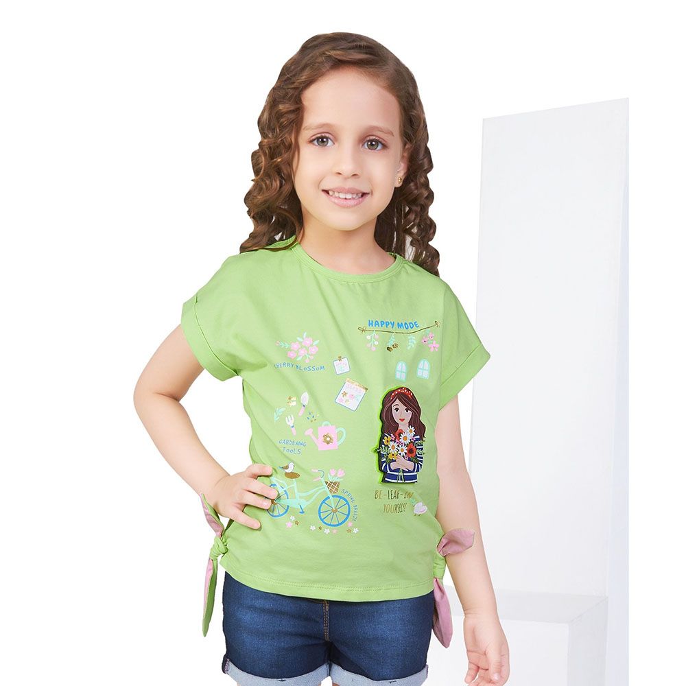 Little Kangaroos - Girl Round Neck Fold Sleeve T-Shirt - Lime Green