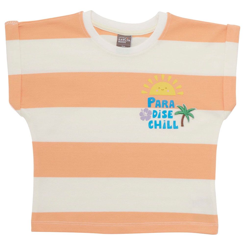 Little Kangaroos - Girl Round Neck Fold Sleeve T-Shirt - Peach/White